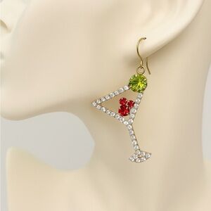 Gold Martini Glass Earrings with Red and Green Accents